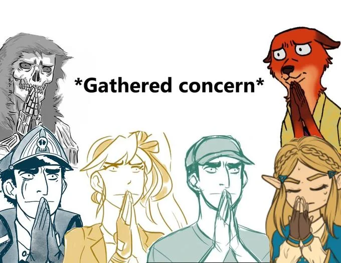 *Concern* — Group of six characters all doing the 'concern' pose, labeled 'Gathered concern'.