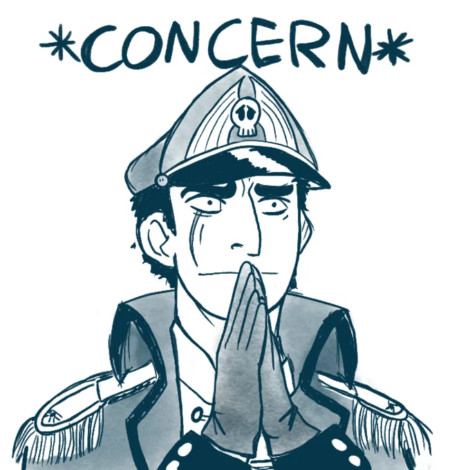 *Concern* — Military officer with skull-emblem cap, hands clasped in the concern pose, captioned CONCERN.
