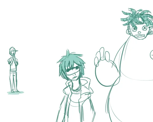*Concern* — Sketch with Baymax in a Hiro mask and a distant figure in a cap doing the concern pose.
