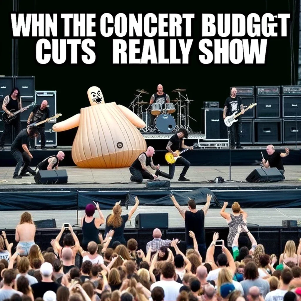Concert Vlog Trends — Photo of a band performing on stage with a comically oversized inflatable onion in the center, with text joking about inadequate concert