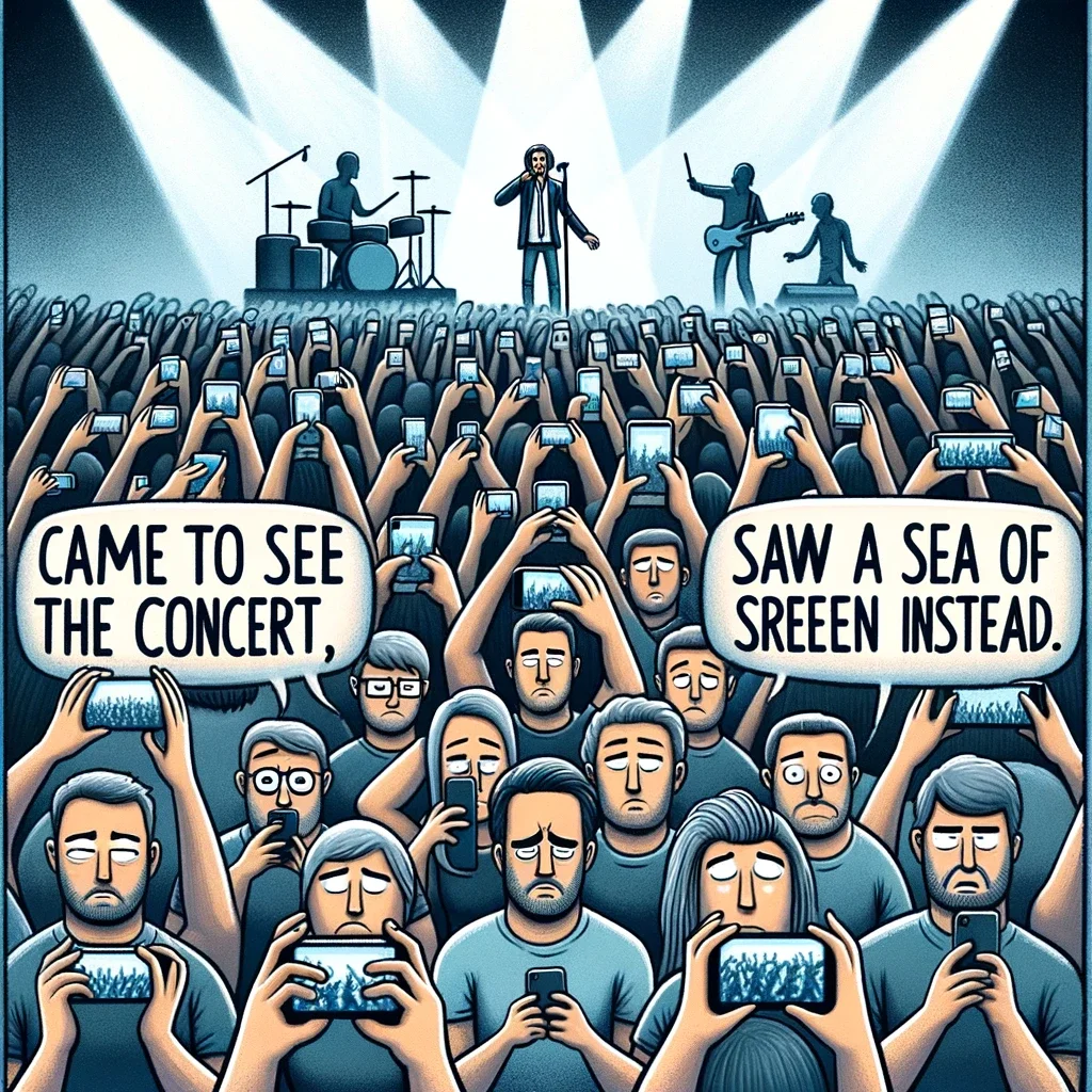 Concert Vlog Trends — Digital illustration showing a large concert crowd with everyone holding up phones and cameras, with cartoon-style faces expressing