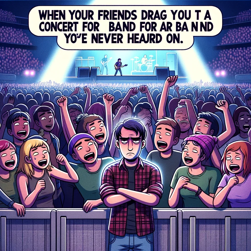 Concert Vlog Trends — Stylized digital illustration of a disinterested person in a plaid shirt standing at concert barriers surrounded by enthusiastically