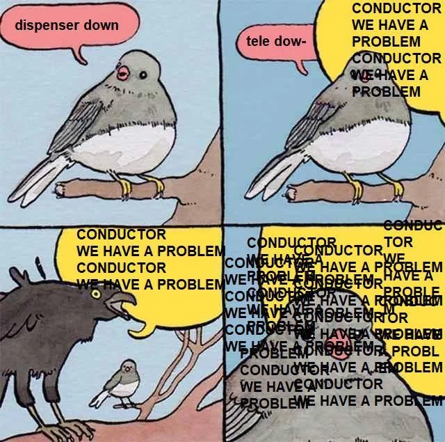 Conductor We Have A Problem! — Four-panel annoyed bird comic with crow shouting 'CONDUCTOR WE HAVE A PROBLEM' at a small junco.