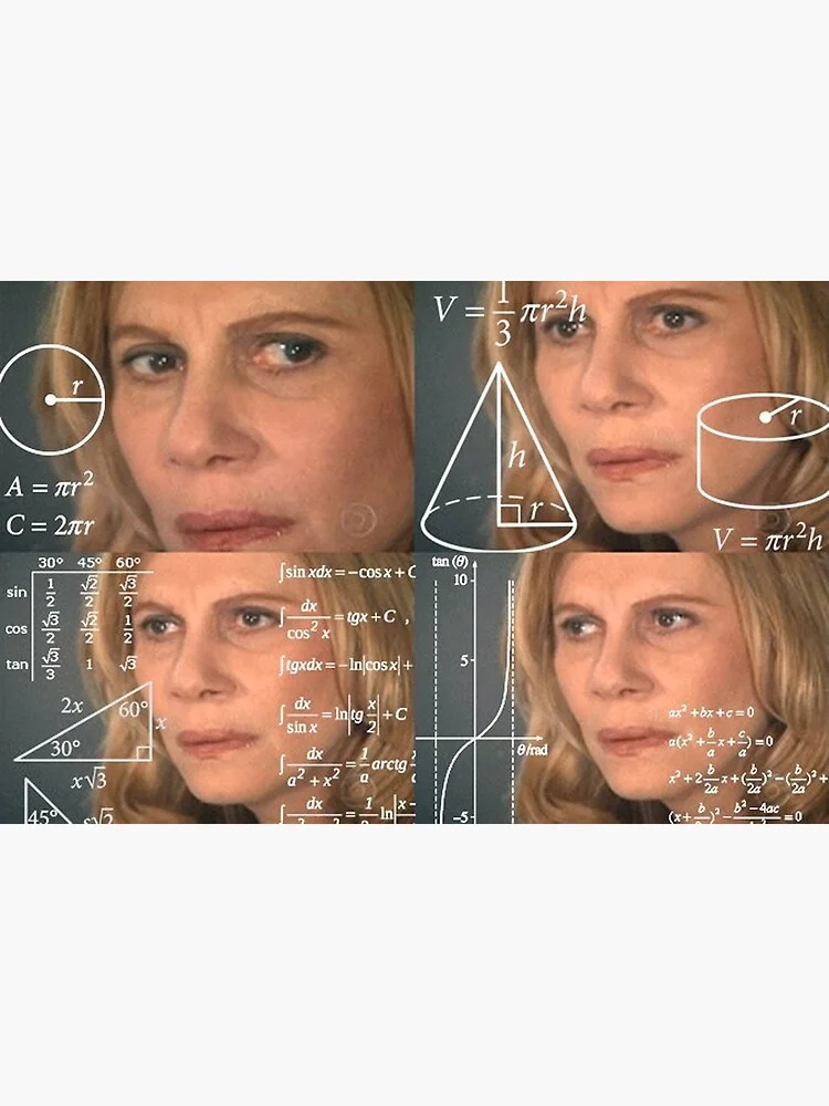 Math Lady / Confused Math — Four-panel composite of Math Lady with dense mathematical formulas layered throughout.