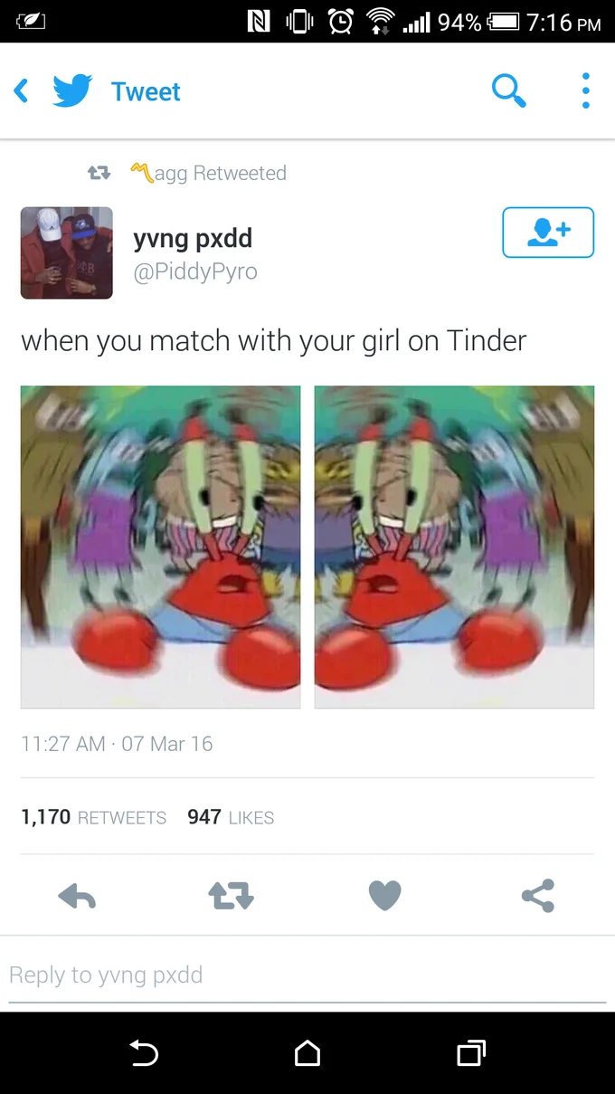 Confused Mr Krabs When You Wake Up From A Nap — Mobile Twitter screenshot with a mirrored Confused Mr. Krabs image and a caption about matching with your girl