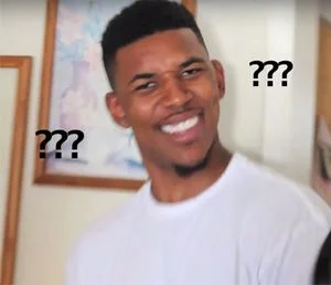 Iconic Confused Nick Young in white t-shirt with question marks floating around head.