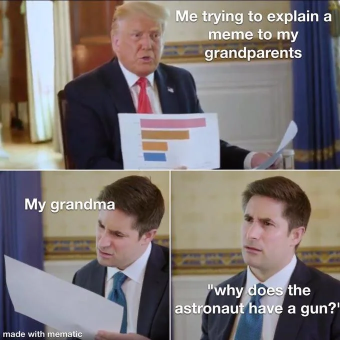 Confused Reporter Jonathan Swan — Jonathan Swan meme about explaining memes to grandparents who ask why the astronaut has a gun