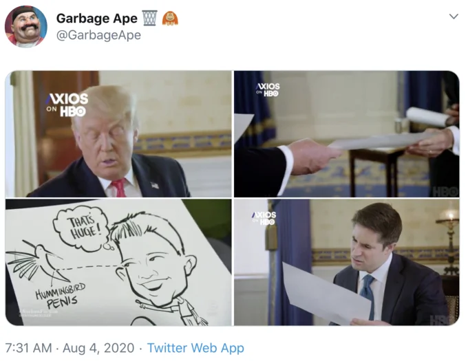 Confused Reporter Jonathan Swan — Garbage Ape tweet of the Jonathan Swan meme with a 'Hummingbird Penis' cartoon drawing