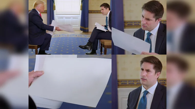 Confused Reporter Jonathan Swan — Four-panel image of Trump handing a paper to a visibly confused Jonathan Swan during an Axios HBO interview