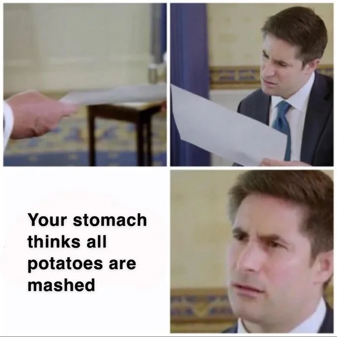 Confused Reporter Jonathan Swan — Jonathan Swan confused reaction meme with the caption 'Your stomach thinks all potatoes are mashed'