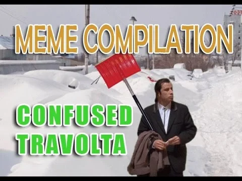 Confused Travolta — A YouTube thumbnail showing Travolta's cutout placed into a snow-covered street scene with a red snow shovel and text overlay.