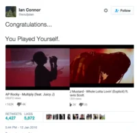 Congratulations You Played Yourself — Tweet screenshot of DJ Khaled meme with social platform engagement info.