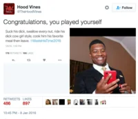 Congratulations You Played Yourself — Social media screenshot of DJ Khaled meme with profile info and metrics.