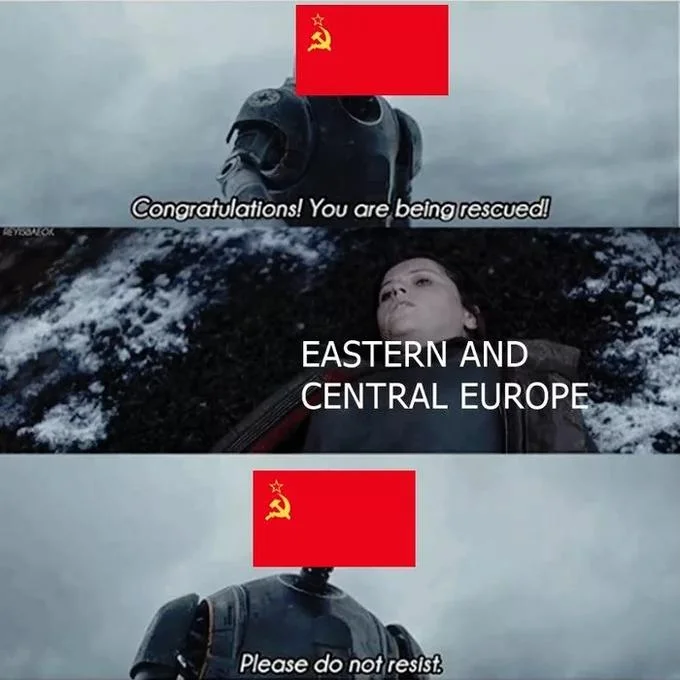 Congratulations You Are Being Rescued — Meme with 'Any country adopts communism / USA' above K-2SO rescue lines