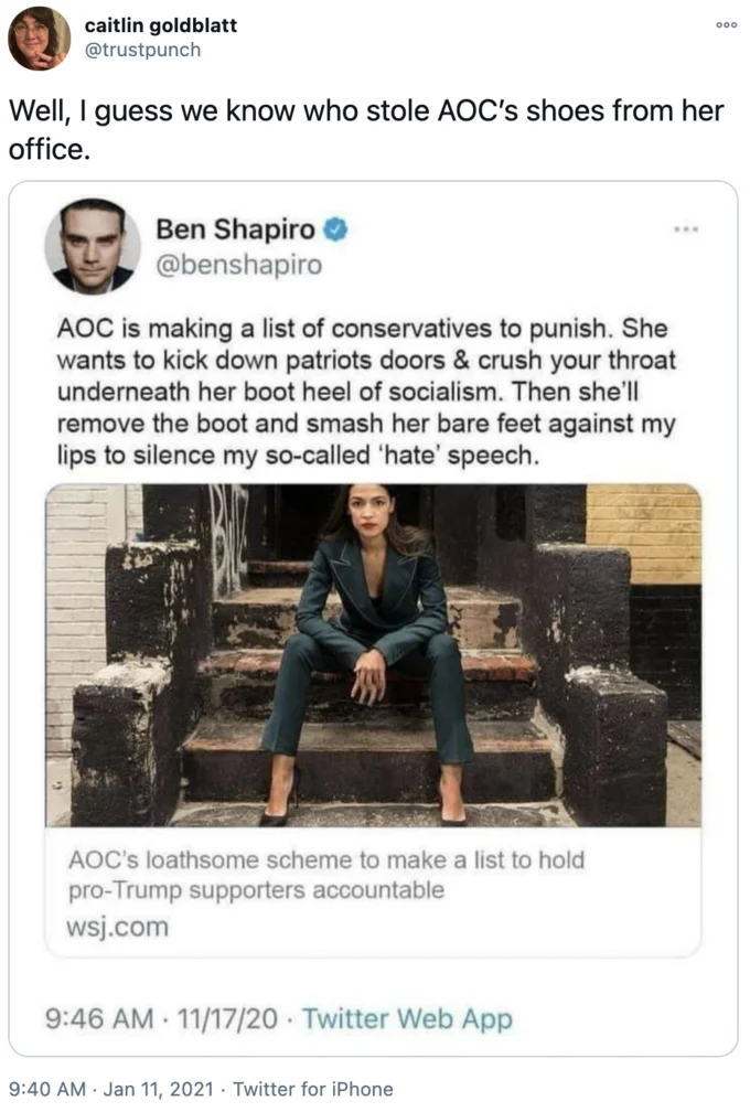 Congresswoman Alexandria Ocasio Cortezs Stolen Shoes Tweet — Tweet joking about discovering who stole AOC's shoes with her image.