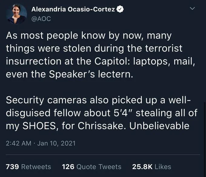 Congresswoman Alexandria Ocasio Cortezs Stolen Shoes Tweet — Screenshot of AOC tweet about Capitol riot thefts mentioning stolen shoes.