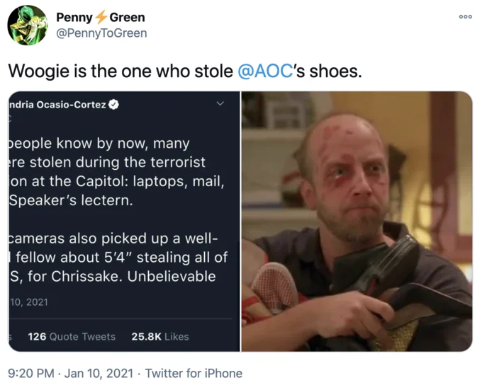 Congresswoman Alexandria Ocasio Cortezs Stolen Shoes Tweet — Tweet blaming Woogie with Boardwalk Empire Steve Buscemi screenshot.