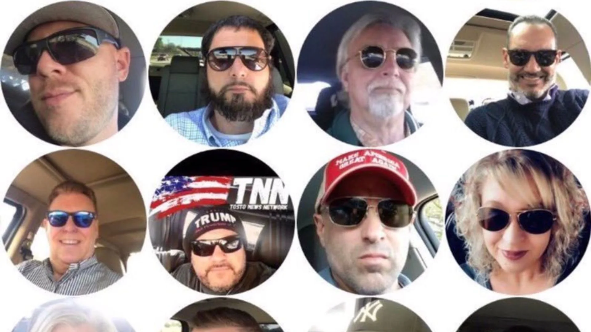 Conservative Sunglasses Profile Pictures — Grid of circular profile photos showing people wearing sunglasses in cars, some with MAGA hats