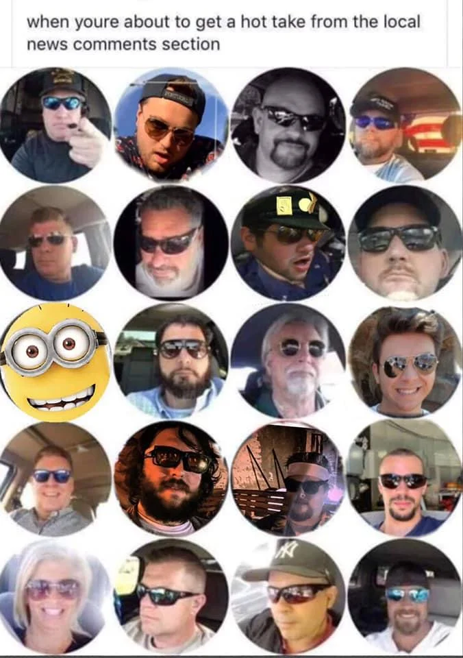 Conservative Sunglasses Profile Pictures — Local news comments section meme with sunglasses profiles and Minion avatar