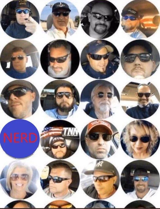 Conservative Sunglasses Profile Pictures — Sunglasses profile collage with one avatar replaced by blue 'NERD' label