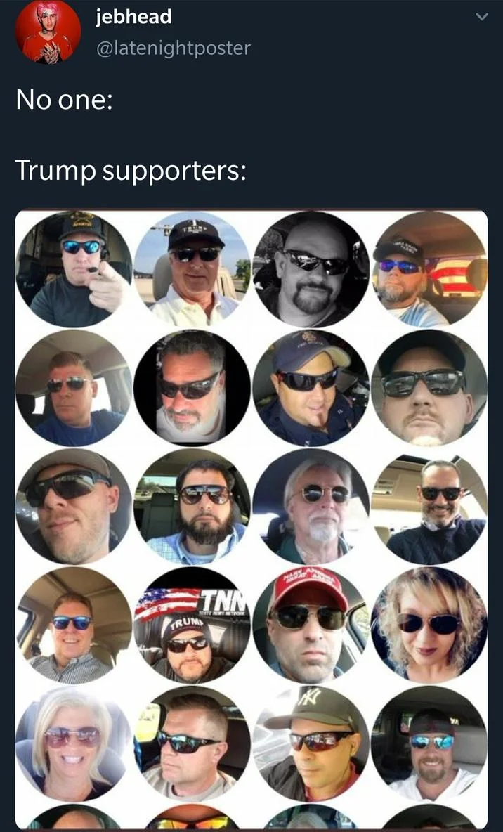 Conservative Sunglasses Profile Pictures — Twitter meme with 'No one: Trump supporters:' text above collage of sunglasses profile pictures