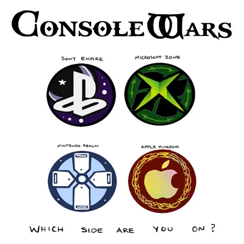 Console Wars Console Debates — Console Wars illustration with PlayStation, Xbox, Nintendo, and Apple logos as rival factions
