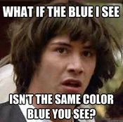 Conspiracy Keanu meme with white text addressing whether blue appears the same to all observers.