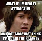 Conspiracy Keanu meme with white text speculating whether his unattractiveness means women think he's out of their league.