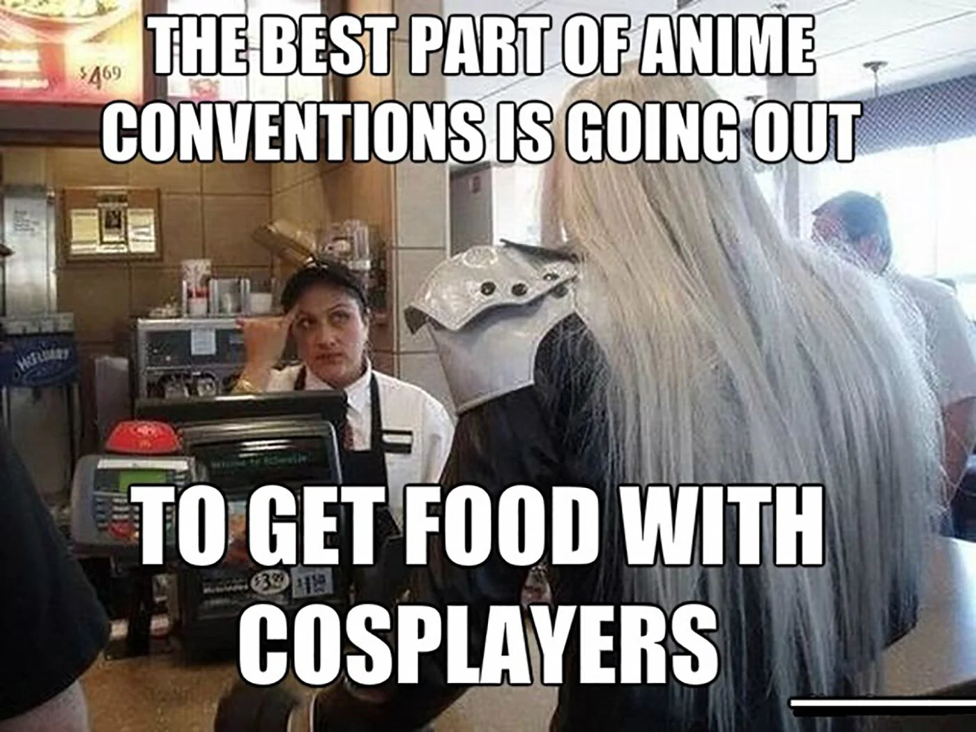 Convention Cosplay Meme — Person in casual setting with cosplayer visible, text about best part of anime conventions being with cosplayers