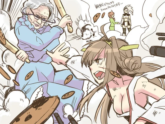 Anime fan art of the Cookie Clicker Grandma attacking a girl with a rolling pin while cookies fly