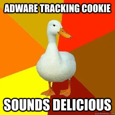 Cookie Tracking — White duck with vibrant colorful radial background, with text 'Adware Tracking Cookie' and 'Sounds Delicious' anthropomorphizing malware.