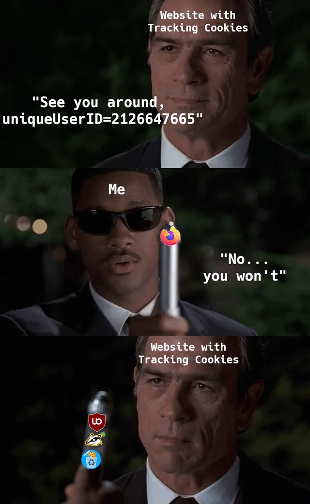 Cookie Tracking — Multi-panel meme showing the interaction between a website with tracking cookies and a user being followed, with text about unique user IDs