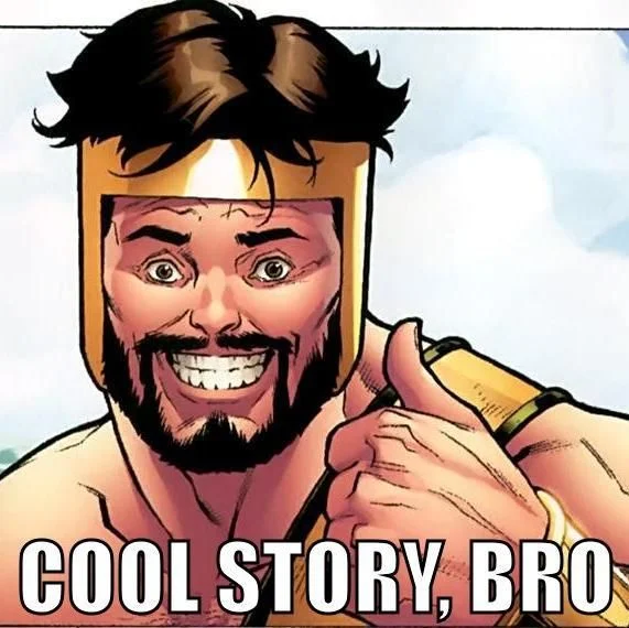 The iconic Cool Story Bro meme cartoon character with a large black mustache and wide grin with white text at bottom.