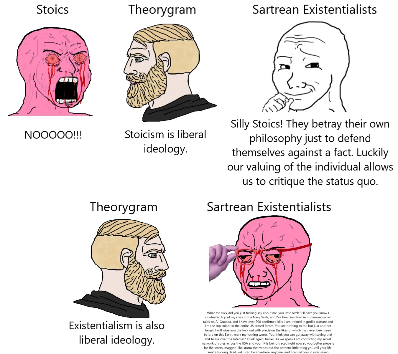Cope and Seethe — Wojak-style comparison meme featuring different philosopher archetypes with 'seethe' terminology labels.