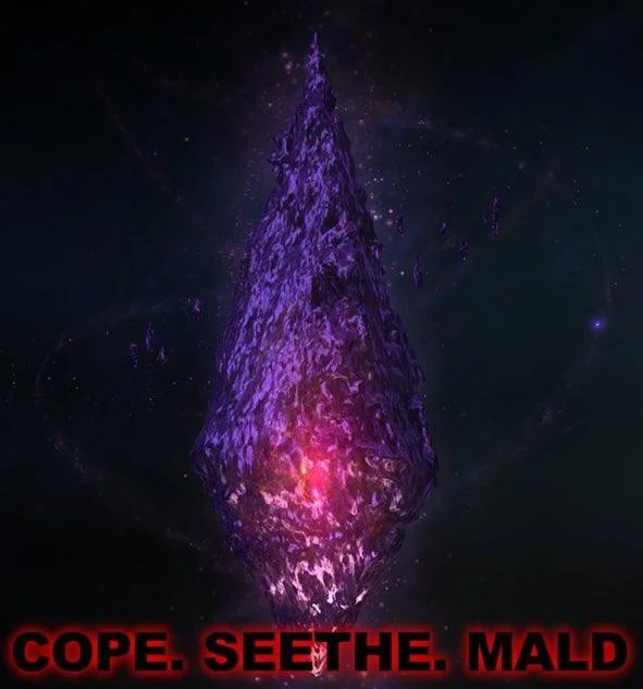 Cope / Seethe / Mald — Towering glowing purple and pink crystalline structure against dark starry background with red text 'COPE, SEETHE, MALD'.