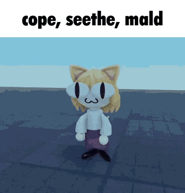 Cope / Seethe / Mald — Anime-style character with feline features and blonde hair against blue sky with text 'cope, seethe, mald' at top.