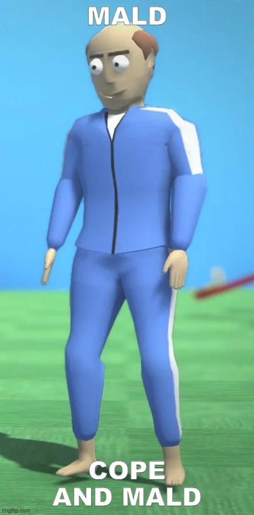 Cope / Seethe / Mald — Stylized 3D animated character in blue athletic tracksuit against turquoise gradient with labels 'MALD' and 'COPE AND MALD'.