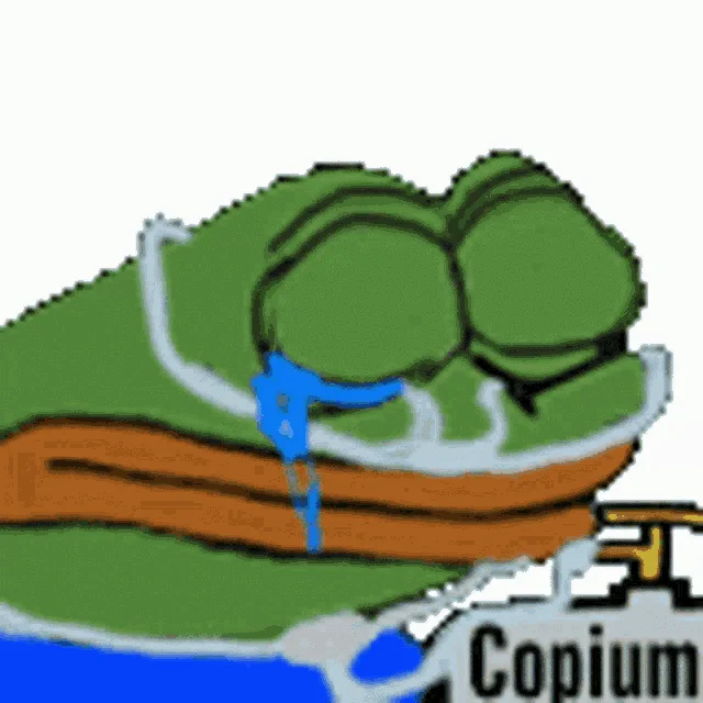 Green Pepe shown crying with visible tears holding pump labeled 'COPIUM'.
