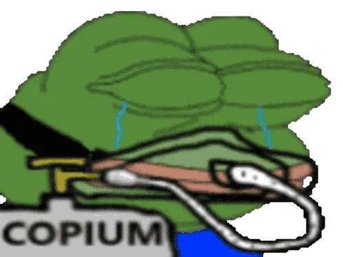 Green Pepe character with tears and emotional distress positioned with pump labeled 'COPIUM'.