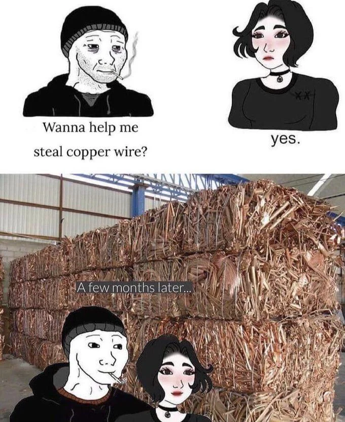 Caesar from Planet of the Apes in a suit with caption about wanting to explore your basement and steal copper wiring.
