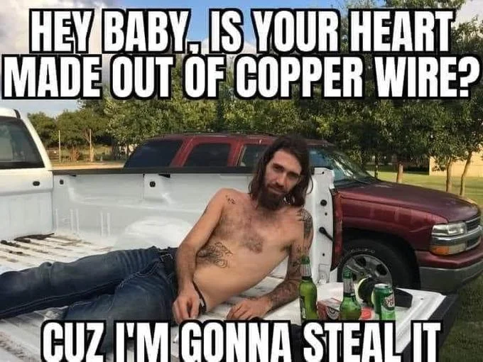 Copper Wiring — Doomer wojak and e-girl meme where she agrees to steal copper wire with him, then shown together in front of huge copper wire bales.