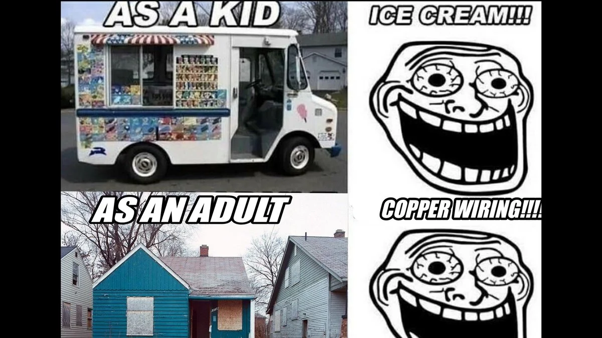 Small-brain vs big-brain cartoon mocking the claim that stealing and reselling copper wiring isn't a real job.