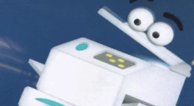 Close-up perspective of Coppy's head and upper body showing large expressive eyes and button details against blue background.