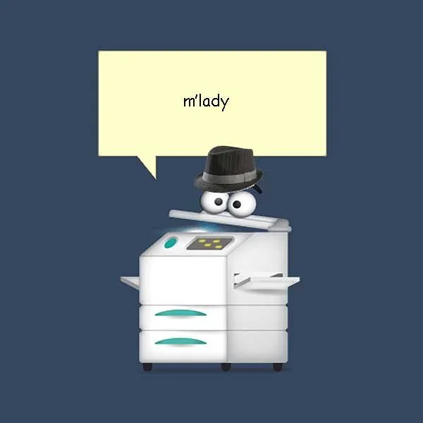 Coppy character wearing black fedora hat saying 'm'lady' in yellow speech bubble.