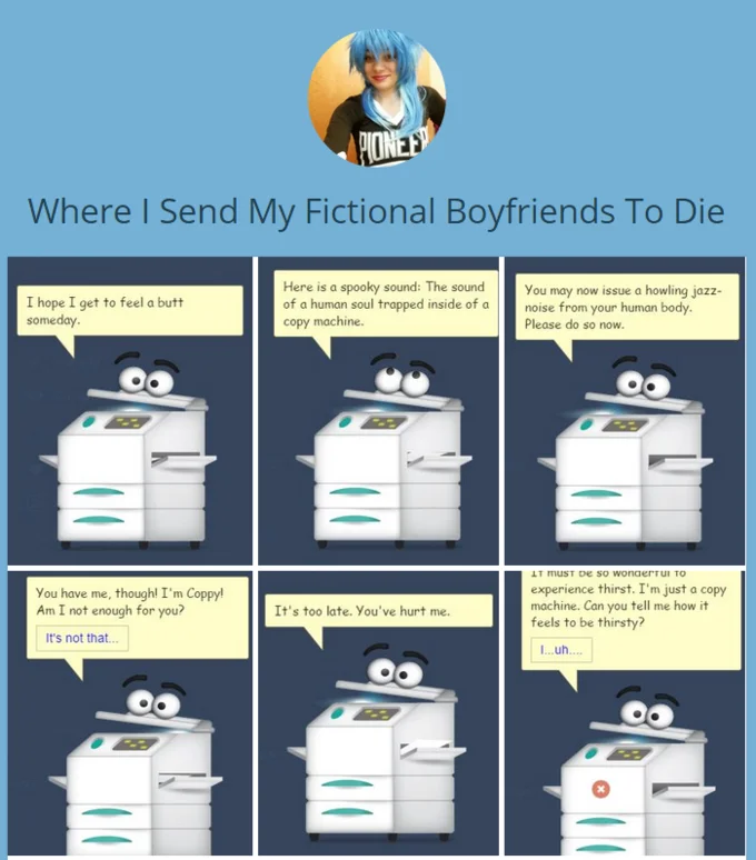 Multi-panel grid meme titled 'Where I Send My Fictional Boyfriends To Die' with six Coppy instances and different speech bubbles.