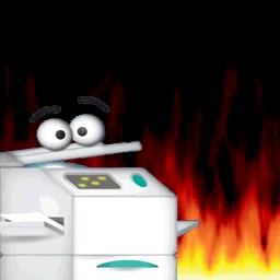 Coppy character against dramatic background of red and yellow flames with dark black sky.