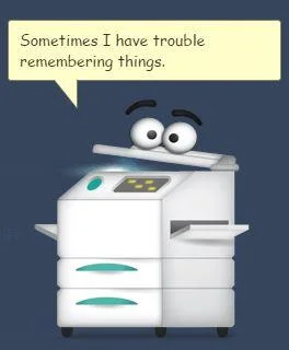 Coppy character with yellow speech bubble containing relatable humor about memory issues on dark blue background.