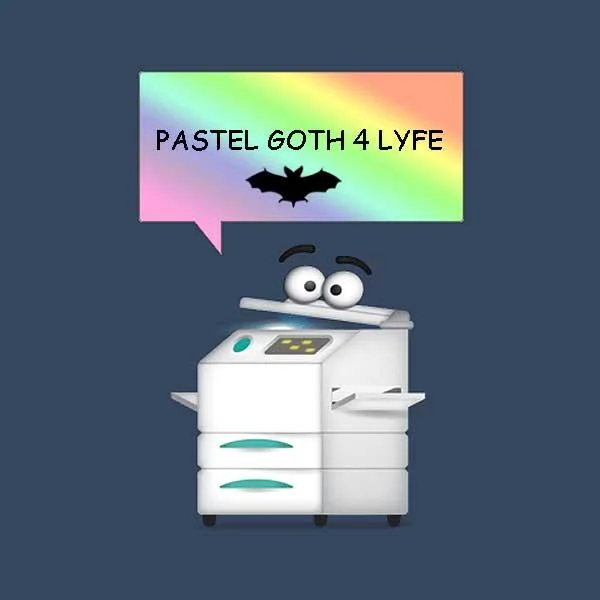 Coppy character with vibrant rainbow gradient speech bubble containing 'PASTEL GOTH 4 LYFE' and bat symbol.