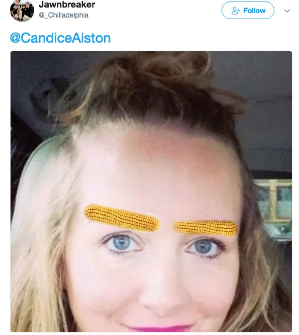 Corn Cobbed — Tweet showing a woman with corn cob eyebrows edited over her face