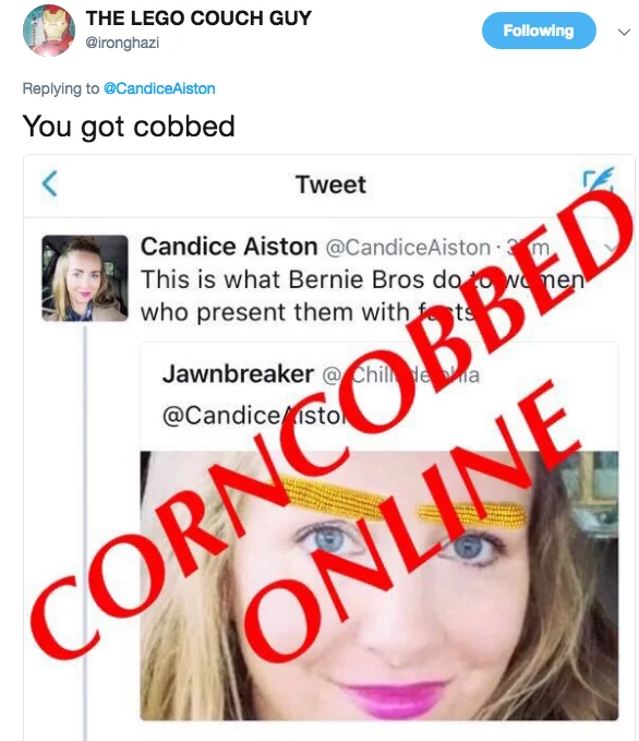 Corn Cobbed — Tweet declaring 'You got cobbed' with a CORNCOBBED ONLINE stamp overlay